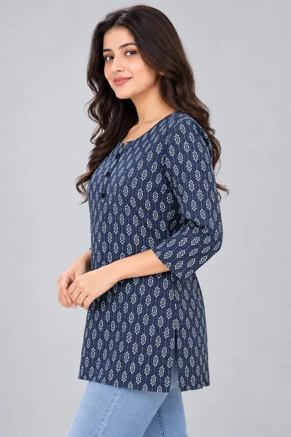 Dark_Blue_Cotton_Booti_Print_Kurti_For_Women