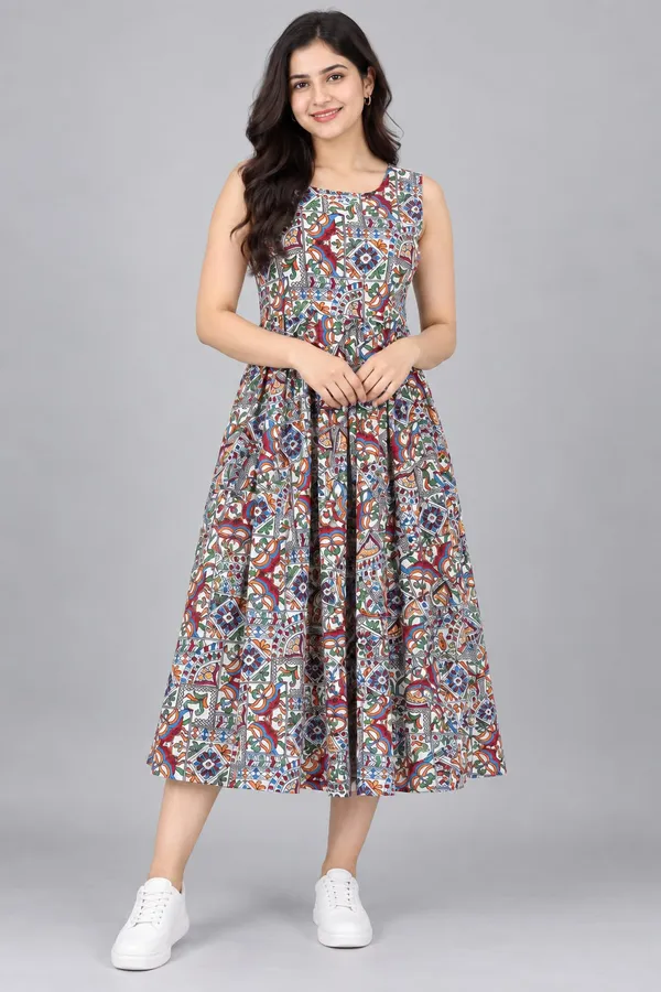 White_Cotton_Patchwork_Print_Sleeveless_Dress_For_Women