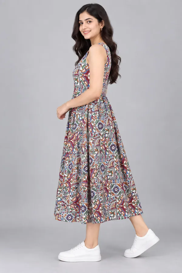 White_Cotton_Patchwork_Print_Sleeveless_Dress_For_Women