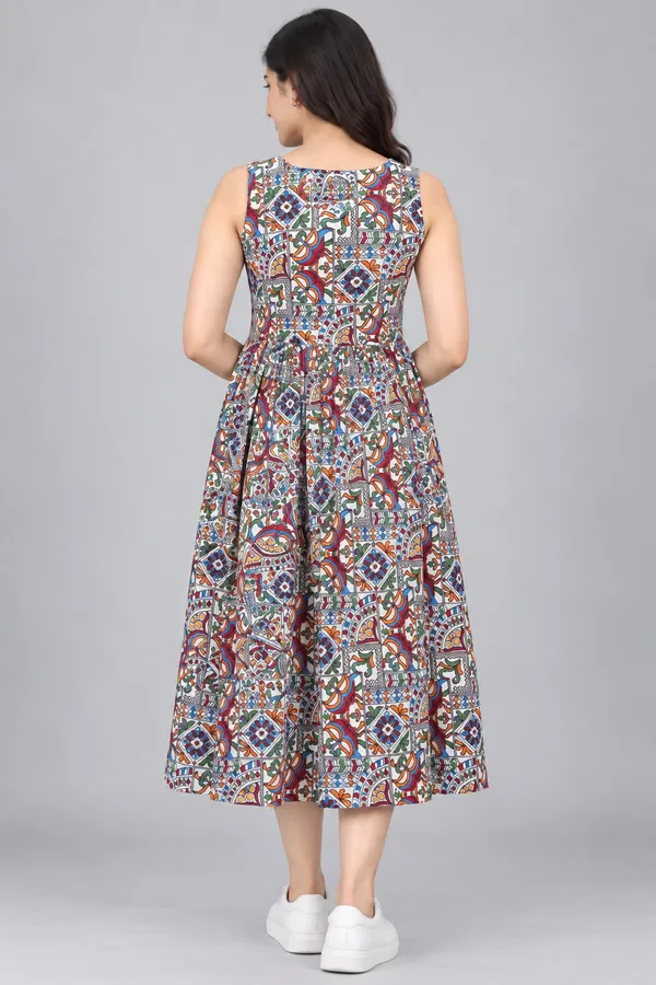 White_Cotton_Patchwork_Print_Sleeveless_Dress_For_Women
