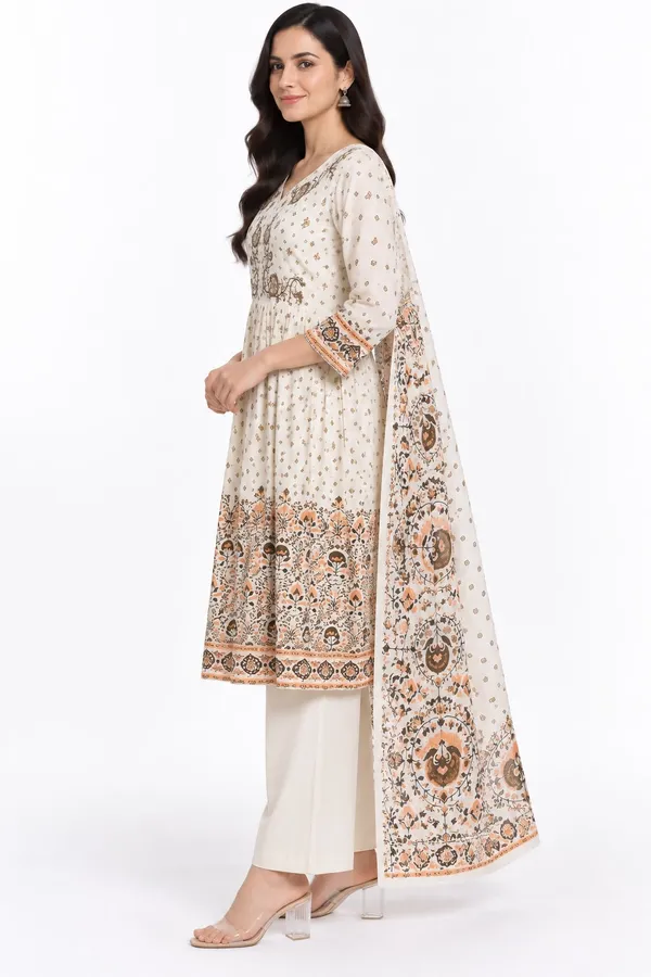 Off_White_Cotton_Flared_Medallion_Border_Print_Suit_Set_For_Women