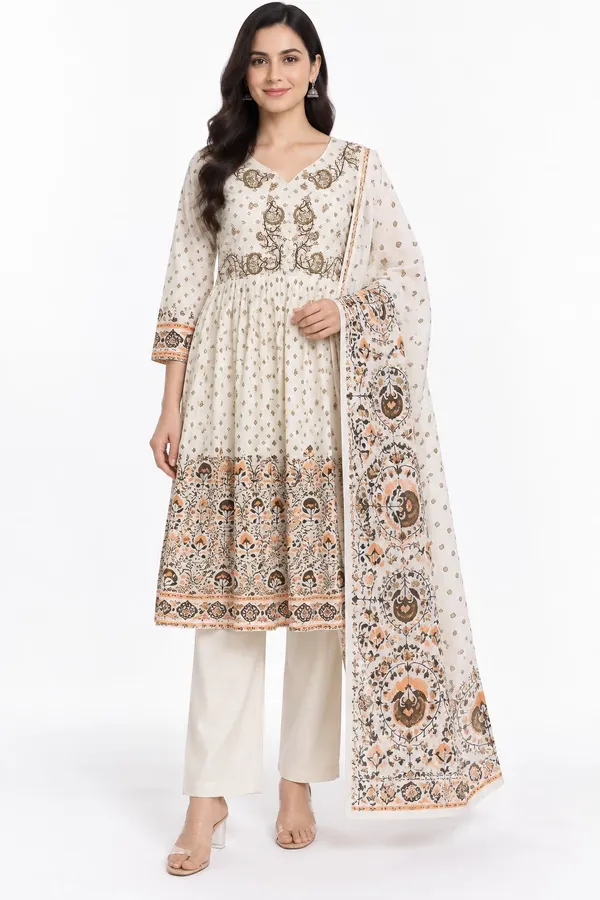 Off_White_Cotton_Flared_Medallion_Border_Print_Suit_Set_For_Women
