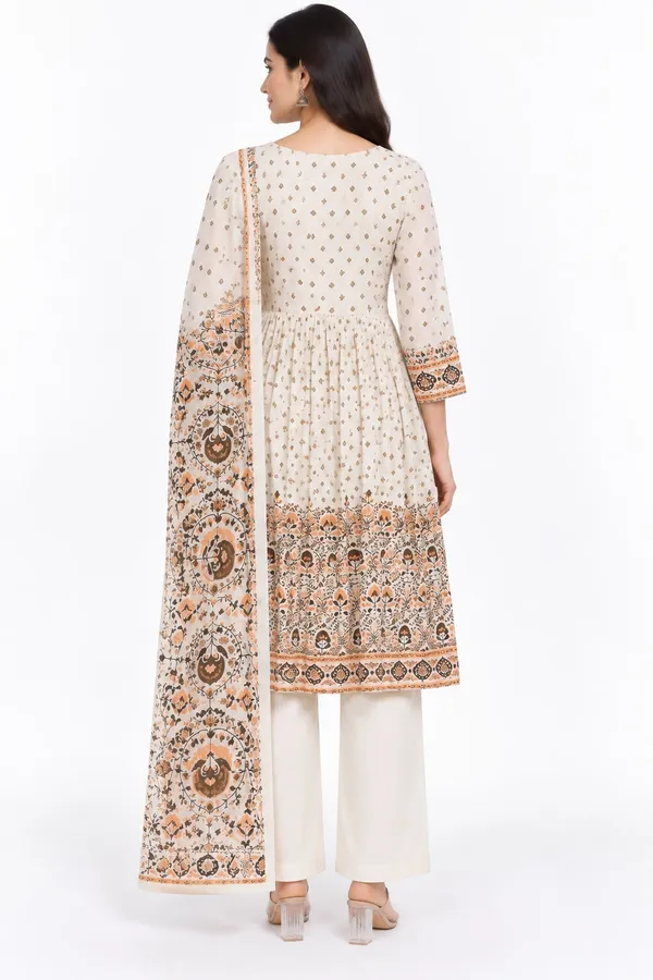 Off_White_Cotton_Flared_Medallion_Border_Print_Suit_Set_For_Women