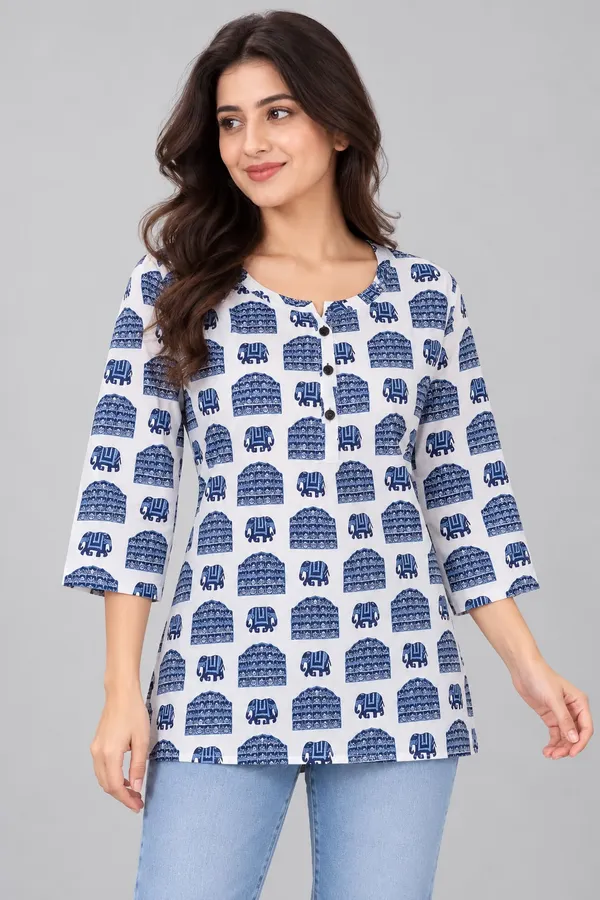 White_Cotton_Elephant_Print_Kurti_For_Women
