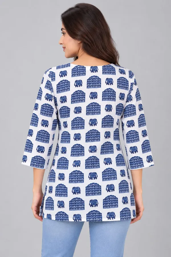White_Cotton_Elephant_Print_Kurti_For_Women
