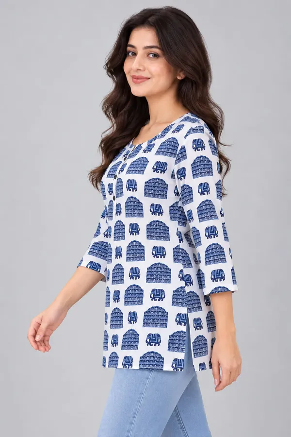 White_Cotton_Elephant_Print_Kurti_For_Women