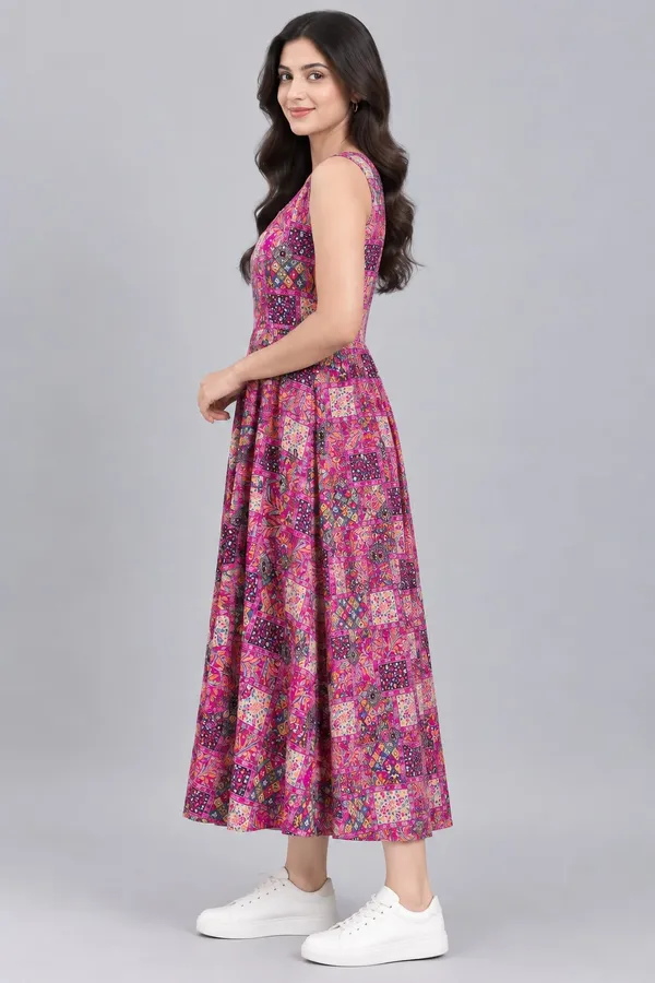 Dark_Pink_Cotton_Patchwork_Print_Sleeveless_Dress_For_Women