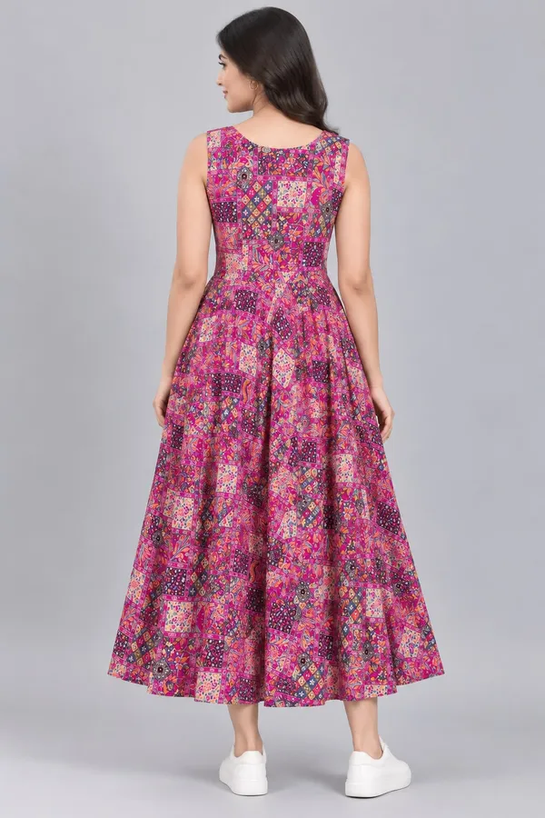 Dark_Pink_Cotton_Patchwork_Print_Sleeveless_Dress_For_Women