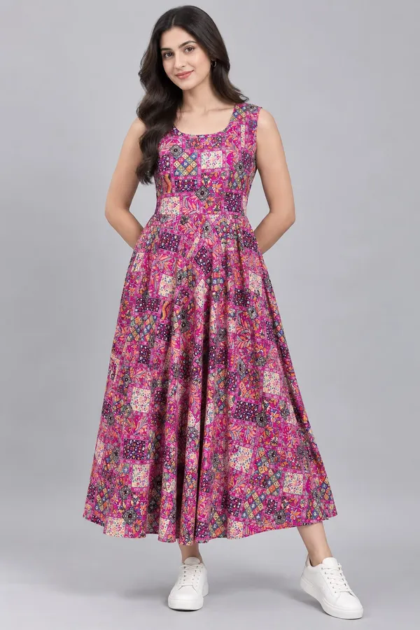 Dark_Pink_Cotton_Patchwork_Print_Sleeveless_Dress_For_Women