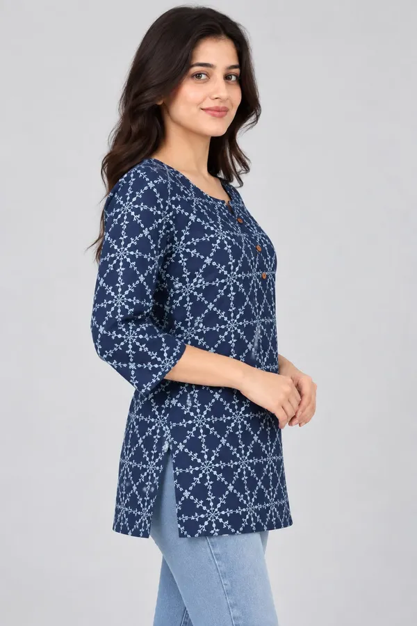Dark_Blue_Cotton_Trellis_Print_Kurti_For_Women