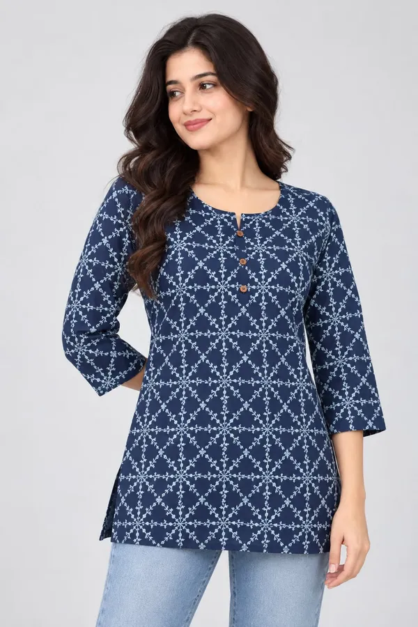Dark_Blue_Cotton_Trellis_Print_Kurti_For_Women