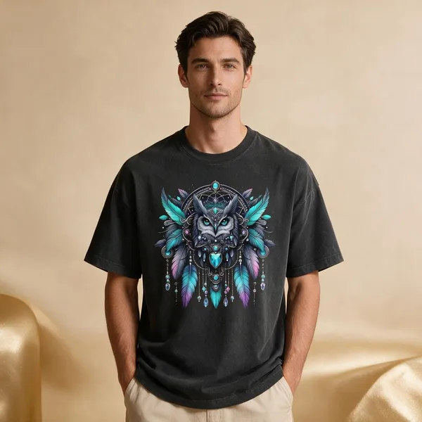 Black_Pure_Cotton_Regular_Fit_Owl_Dreamcatcher_Graphic_T-Shirt_For_Men