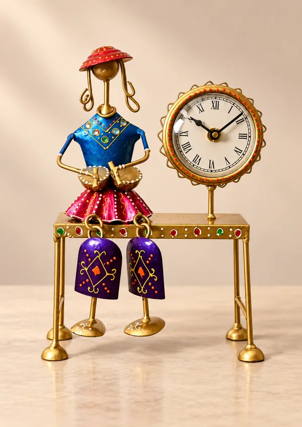 Handpainted_Metal_Tribal_Musician_Table_Clock_|_Golden_Multicolour_Indian_Folk_Art_Showpiece_|_Decorative_Desk_Clock