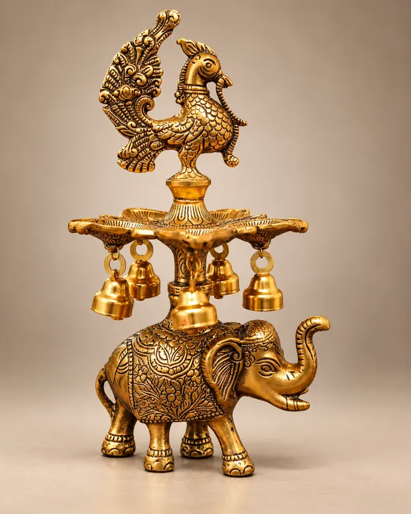 Antique_Gold_Elephant_with_Peacock_&_Hanging_Bells_Showpiece_|_Traditional_Indian_Metal_Handicraft_|_Decorative_Home_Décor