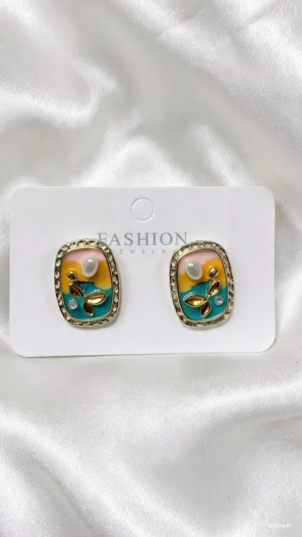 Floral_Korean_Earrings_Mate_Finish_Yellow_Pinterest_Earrings_Korean_Studs_Natural_Stone_Set_Of_4