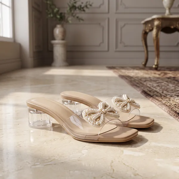 Beige_Mesh_Slip-On_Bow_Embellished_Flat_Sandals_For_Women