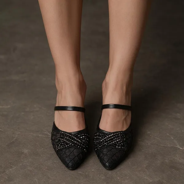 Black_Mesh_Pointed-Toe_Beaded_Slip-On_Heels_For_Women