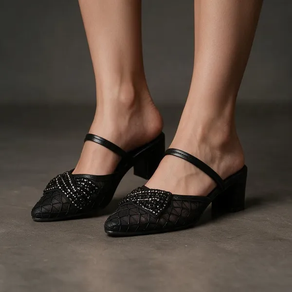 Black_Mesh_Pointed-Toe_Beaded_Slip-On_Heels_For_Women
