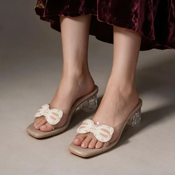 Beige_Mesh_Slip-On_Pearl_Bow_Embellished_Heeled_Sandals_For_Women