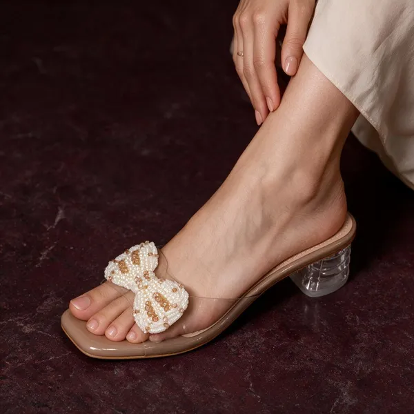 Beige_Mesh_Slip-On_Bow_Embellished_Flat_Sandals_For_Women