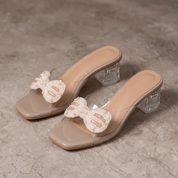 Beige_Mesh_Slip-On_Pearl_Bow_Embellished_Heeled_Sandals_For_Women