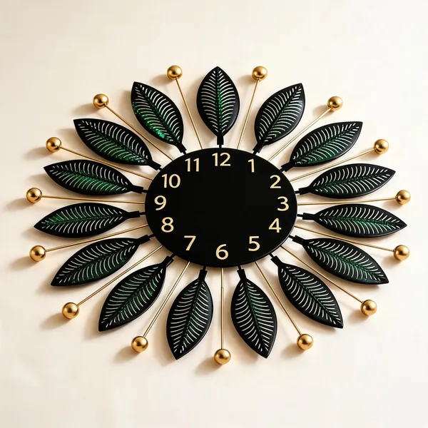 Metal_Modern_Sunburst_Black_Gold_Green_Glitter_Leaf_Analog_Wall_Clock