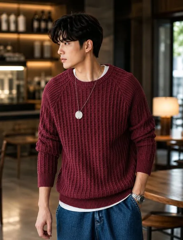 Maroon_Woolen_Ribbed_Knit_Crew_Neck_Sweater_For_Men