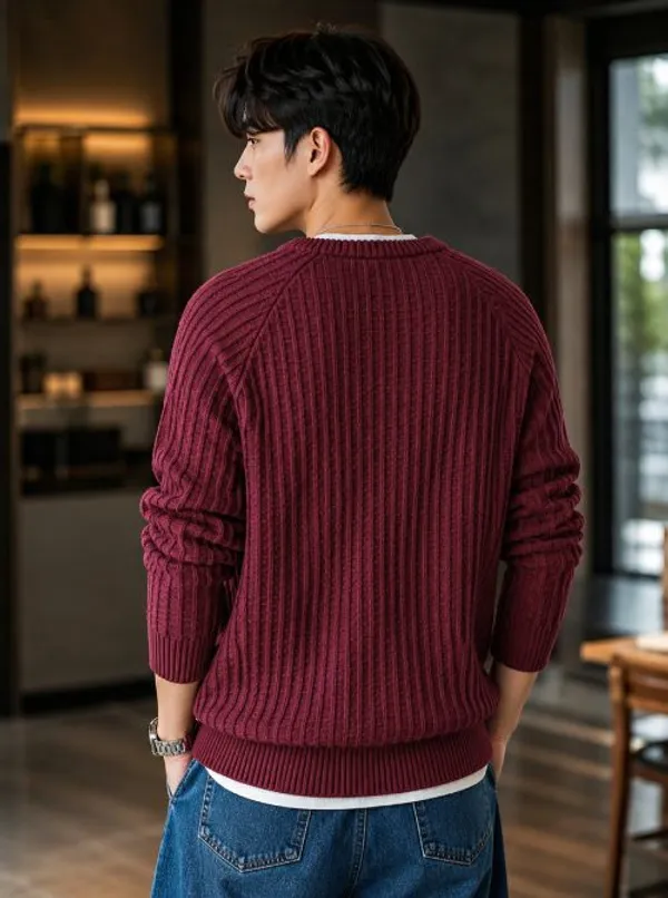 Maroon_Woolen_Ribbed_Knit_Crew_Neck_Sweater_For_Men