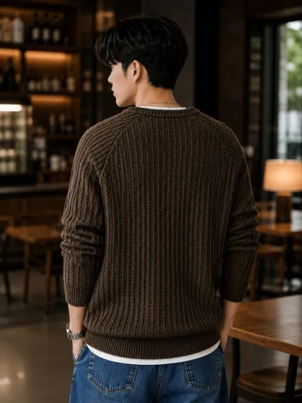 Coffee_Woolen_Ribbed_Knit_Crew_Neck_Sweater_For_Men