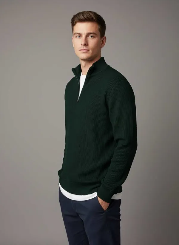 Green_Woolen_Ribbed_Half-Zip_High_Neck_Pullover_For_Men