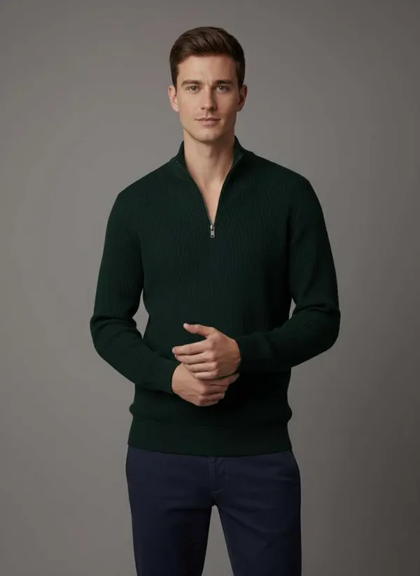 Green_Woolen_Ribbed_Half-Zip_High_Neck_Pullover_For_Men