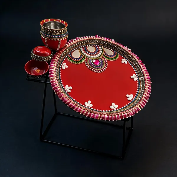 Handcrafted_Stainless_Steel_Puja_Thali_With_Stone_Work_Decoration_25Cm