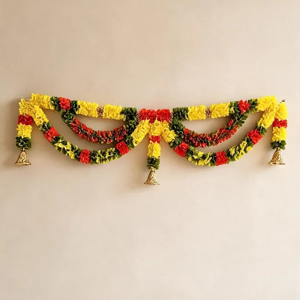 Lemon_Yellow_Festiv_Desiner_Toran_Blended_Orange_And_Green_Colours_With_Bell100Cm