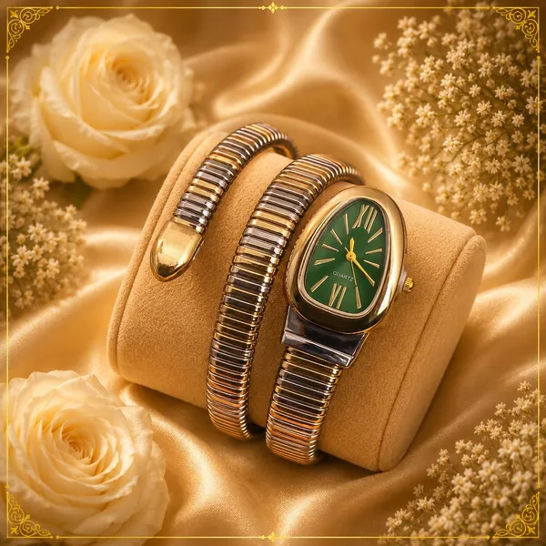 Gold_Tone_Green_Dial_Bracelet_Watch_Set_for_Women