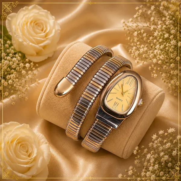 Gold_Tone_Bracelet_Style_Quartz_Watch_And_Bangle_Set_For_Women