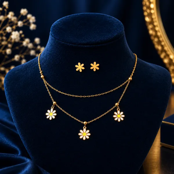 Gold-Tone_Floral_Layered_Necklace_And_Earrings_Set