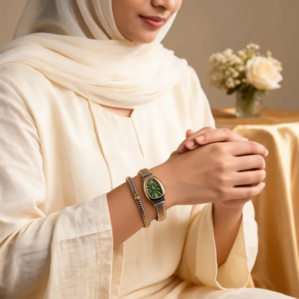 Gold_Tone_Green_Dial_Bracelet_Watch_Set_for_Women