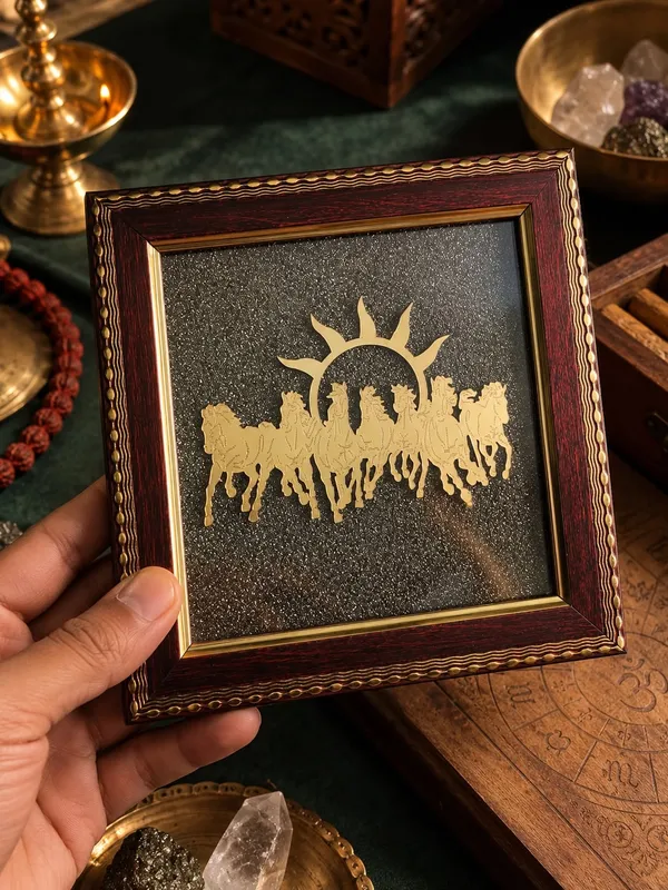 Gold_Metal_7_Running_Horses_With_Rising_Sun_On_Natural_Pyrite_Frame_Vastu_Feng_Shui_Frame_For_Success_Speed_Abundance