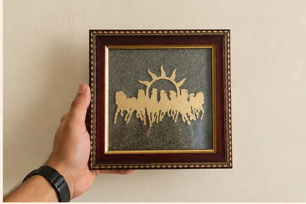 Gold_Metal_7_Running_Horses_With_Rising_Sun_On_Natural_Pyrite_Frame_Vastu_Feng_Shui_Frame_For_Success_Speed_Abundance
