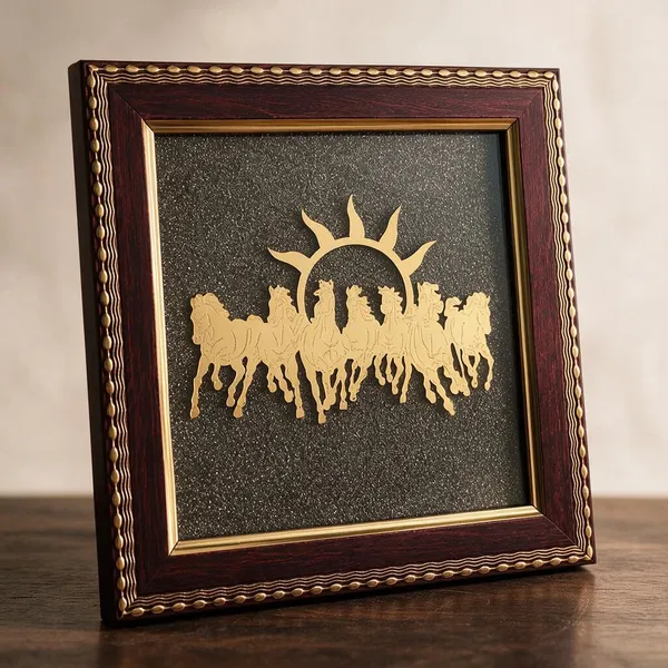 Gold_Metal_7_Running_Horses_With_Rising_Sun_On_Natural_Pyrite_Frame_Vastu_Feng_Shui_Frame_For_Success_Speed_Abundance