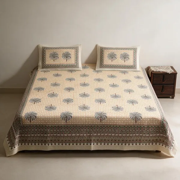 Beige_Botanical_Print_King_Size_Bedsheet_Set