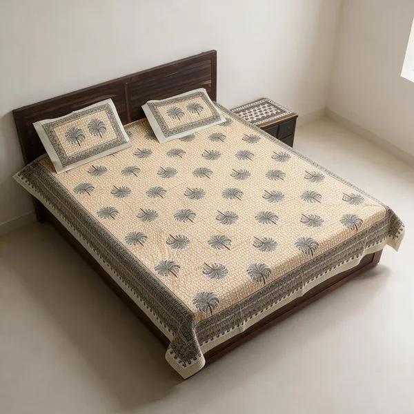 Beige_Botanical_Print_King_Size_Bedsheet_Set