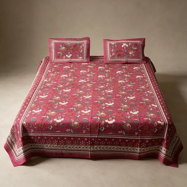 Maroon_Floral_Print_Double_Bedsheet_With_Pillow_Covers