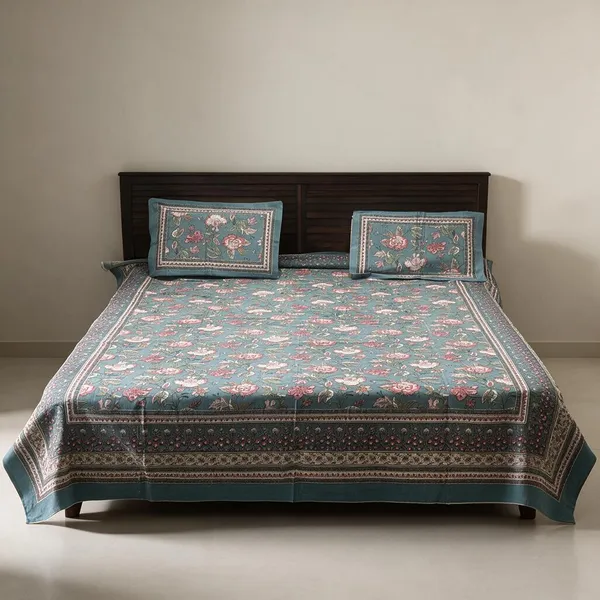 Teal_Floral_Print_Double_Bedsheet_With_Pillow_Covers