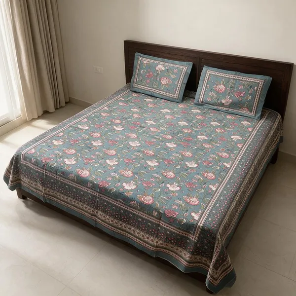 Teal_Floral_Print_Double_Bedsheet_With_Pillow_Covers