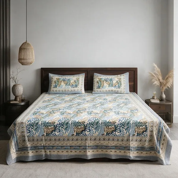 Blue_Botanical_Print_Double_Bedsheet_Set