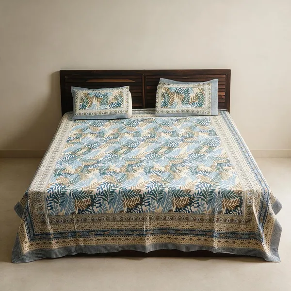 Blue_Botanical_Print_Double_Bedsheet_Set