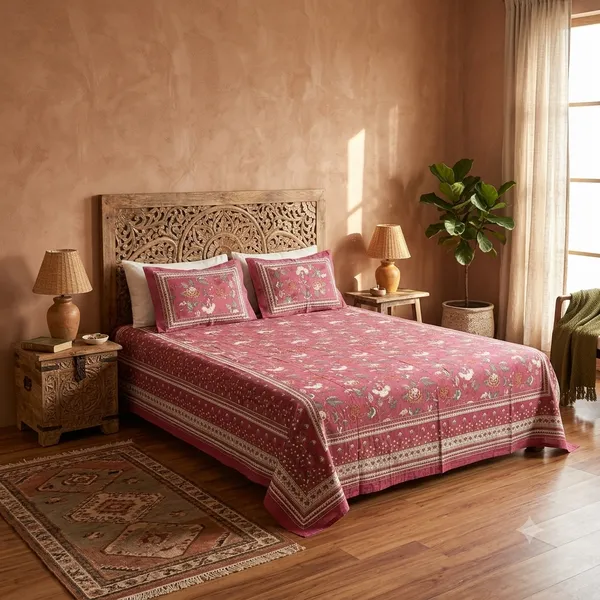 Maroon_Floral_Print_Double_Bedsheet_With_Pillow_Covers