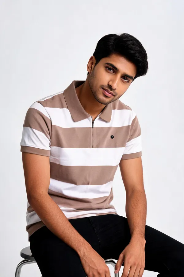White_And_Light_Brown_Cotton_Striped_Regular_Fit_Polo_T-Shirt_For_Men