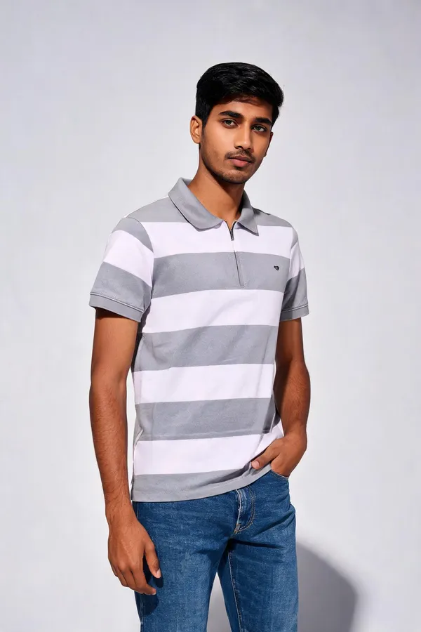 White_And_Light_Grey_Cotton_Striped_Relaxed_Fit_Polo_T-Shirt_For_Men